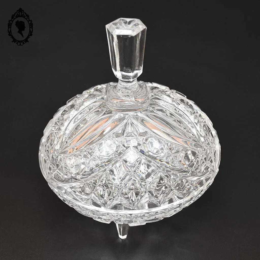 Bonbonnière drageoir poignée pointue en cristal blanc ciselé trépied vintage – Image 3