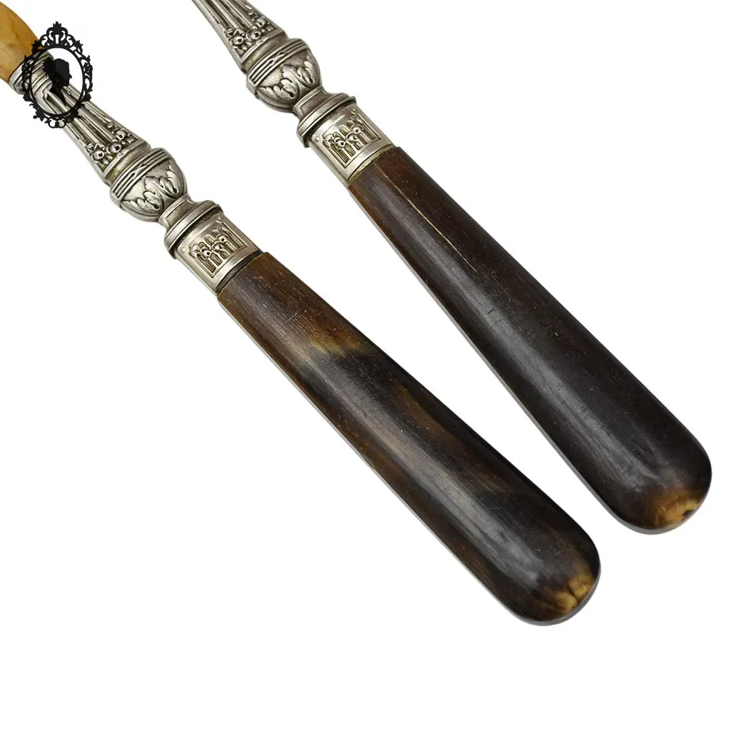 Service de couverts à salade métal corne ou résine motif fleuri vintage ancien – Image 3