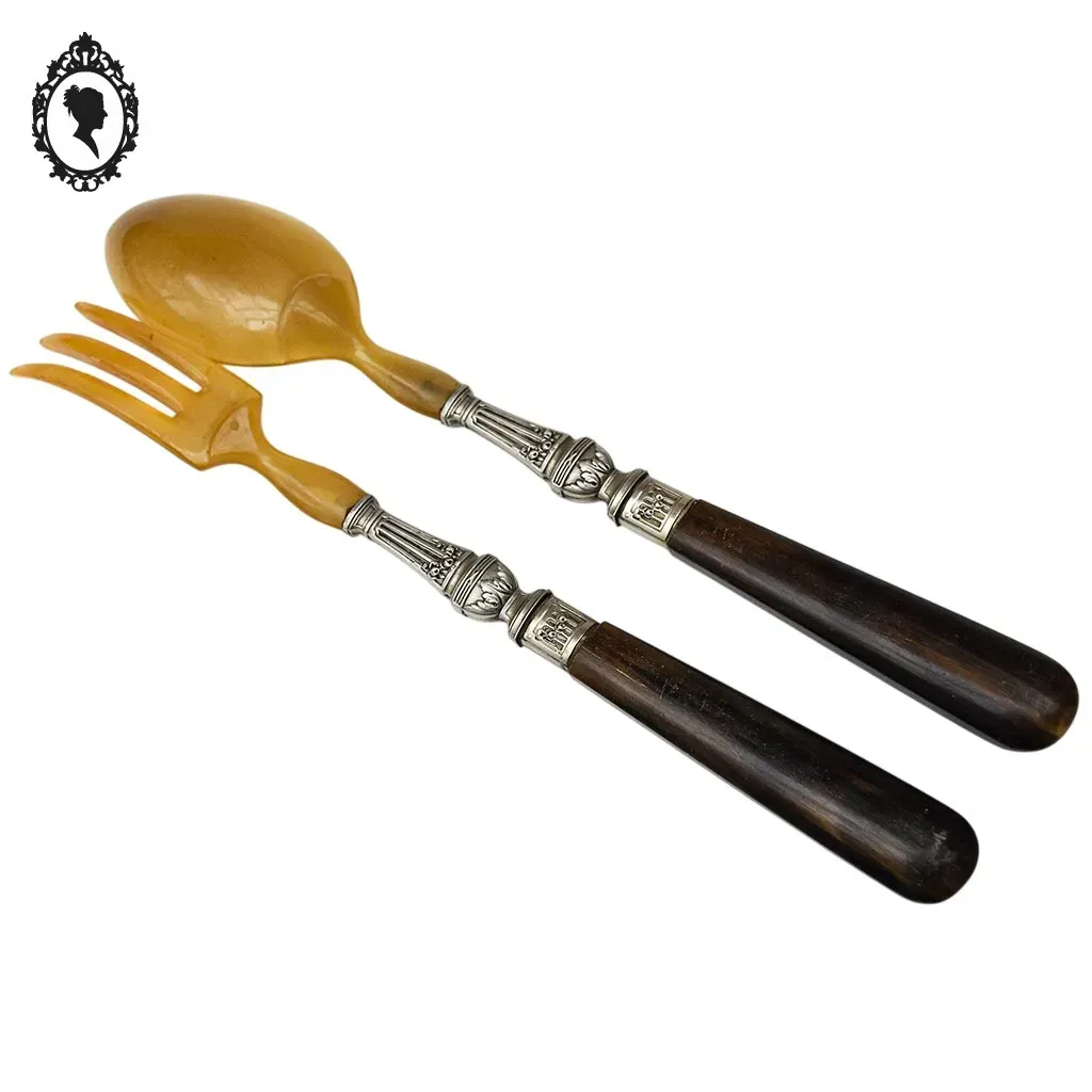 Service de couverts à salade métal corne ou résine motif fleuri vintage ancien – Image 4