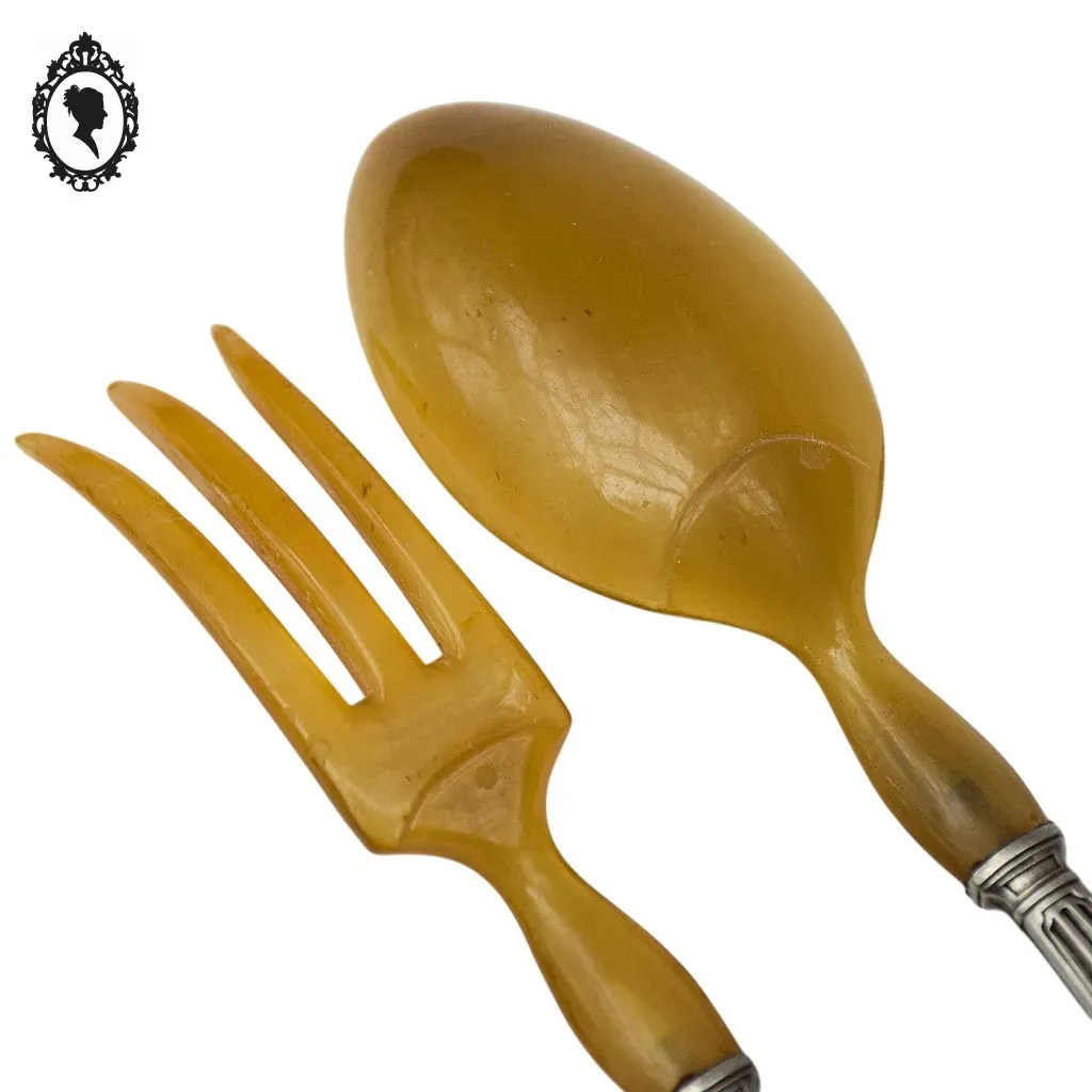 Service de couverts à salade métal corne ou résine motif fleuri vintage ancien – Image 5