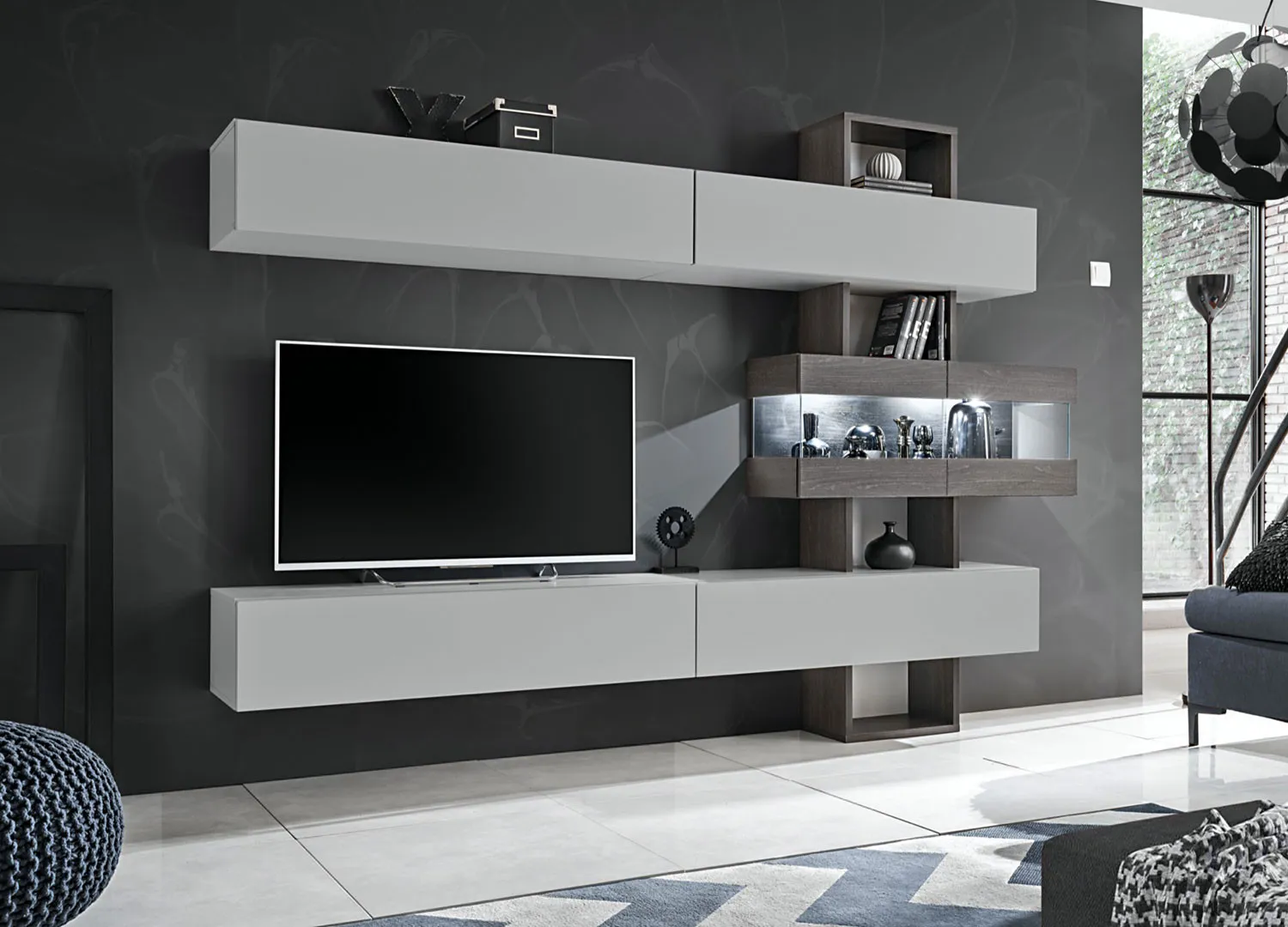 Ensemble meuble TV gris perle et chêne graphite – Image 2