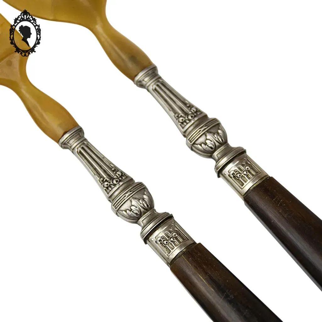 Service de couverts à salade métal corne ou résine motif fleuri vintage ancien – Image 6