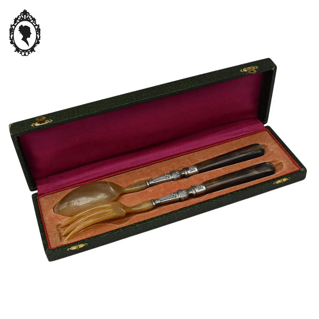 Service de couverts à salade métal corne ou résine motif fleuri vintage ancien – Image 8