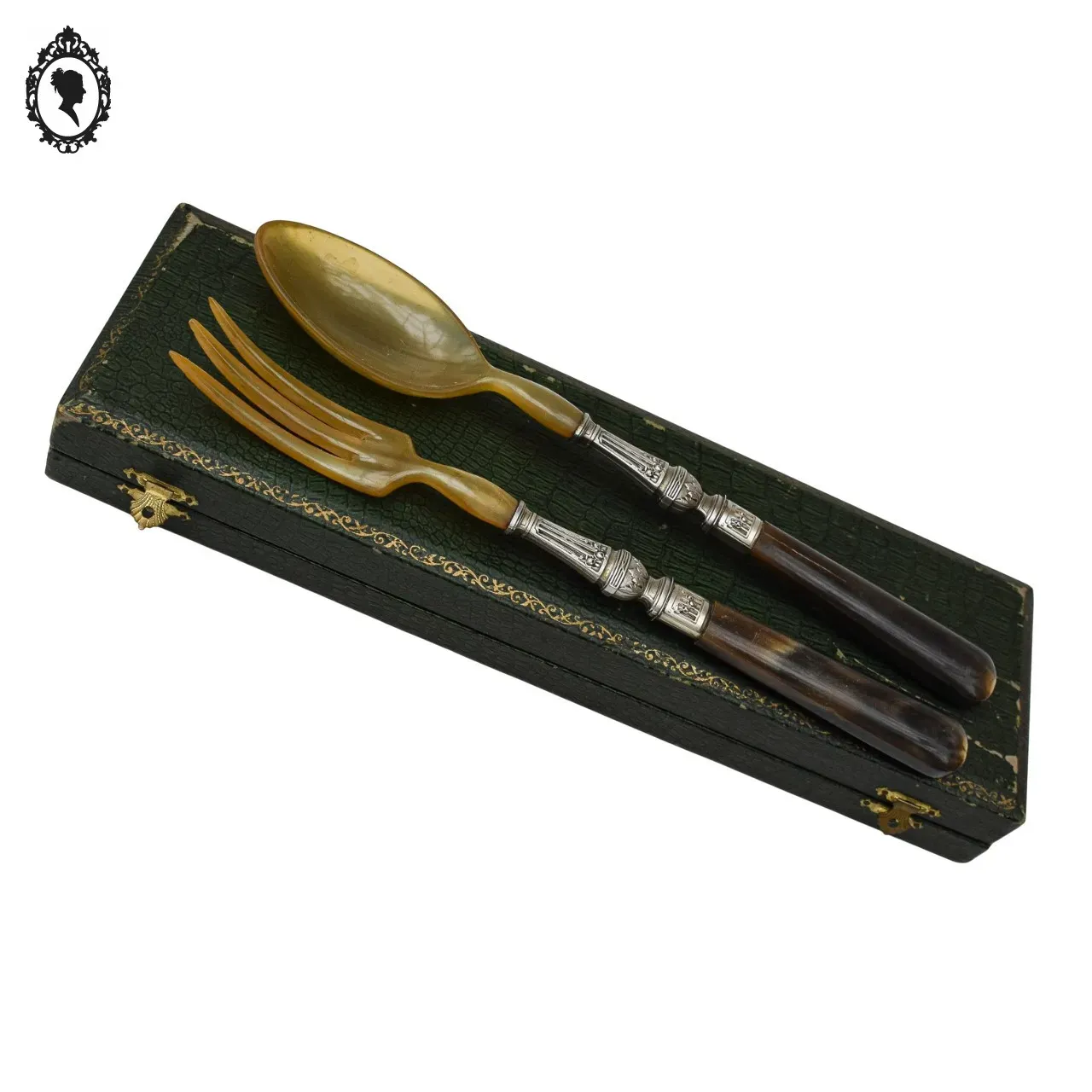 Service de couverts à salade métal corne ou résine motif fleuri vintage ancien – Image 9