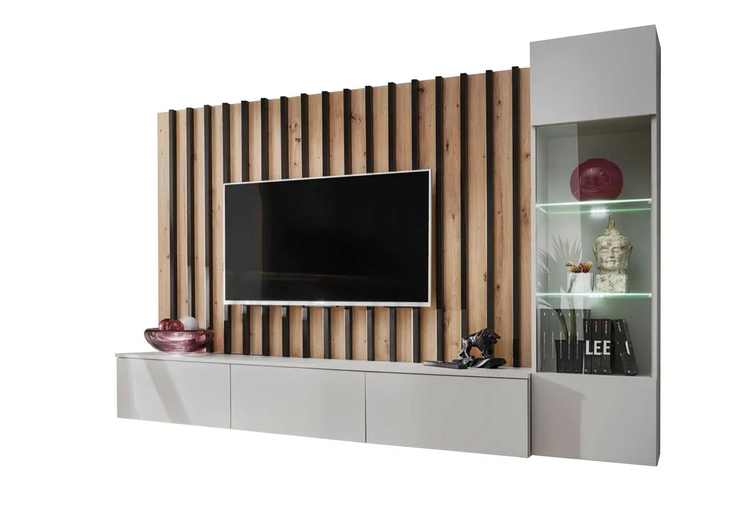 Ensemble TV mural avec vitrine et mur de tasseaux noir design